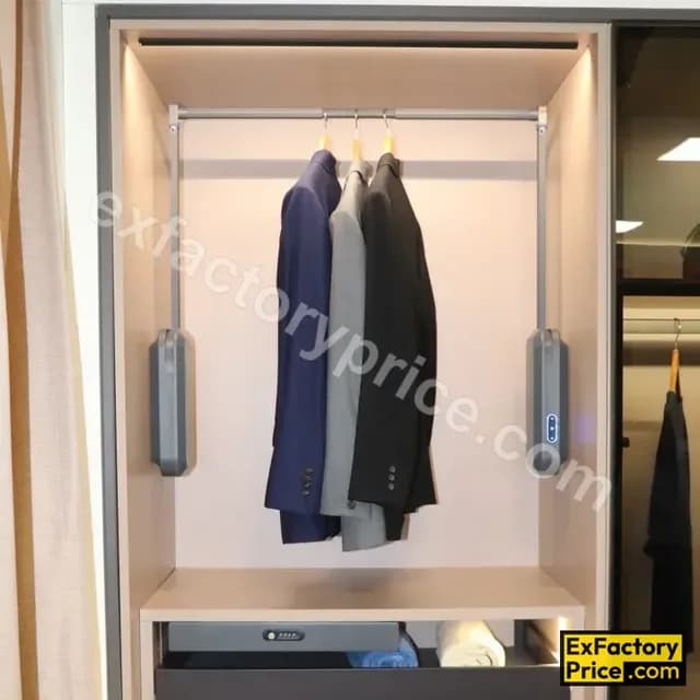 Ebco Bed & Wardrobe Fittings & Accessories Wardrobe Accessories > WARDROBE LIFTS Wardrobe Lift Electric - 15 (with remote) P-WLE-15-AT Internal Cabinet Width -764mm - 964mm Power: Input: 200-240V 2.5A 50HZ Output: 24V 5A Load: 15kg AT