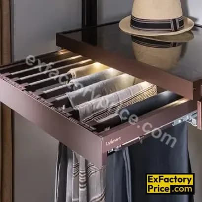 Ebco Bed & Wardrobe Fittings & Accessories Wardrobe Accessories > WARDROBE PULLOUTS Wardrobe Pullout -Trouser / Saree (Soft Close) (with 11 Hangers) WPTS-80-SC-BR 764 x 470 x 56 mm BR
